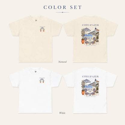 A color set presentation showing four short-sleeve T-shirts: two natural/cream shirts showing front and back, and two white shirts showing front and back. The shirts feature a small chest graphic and a larger back graphic with the text 'CÔTE D'AZUR' and 'FRANCE HOLIDAY'.