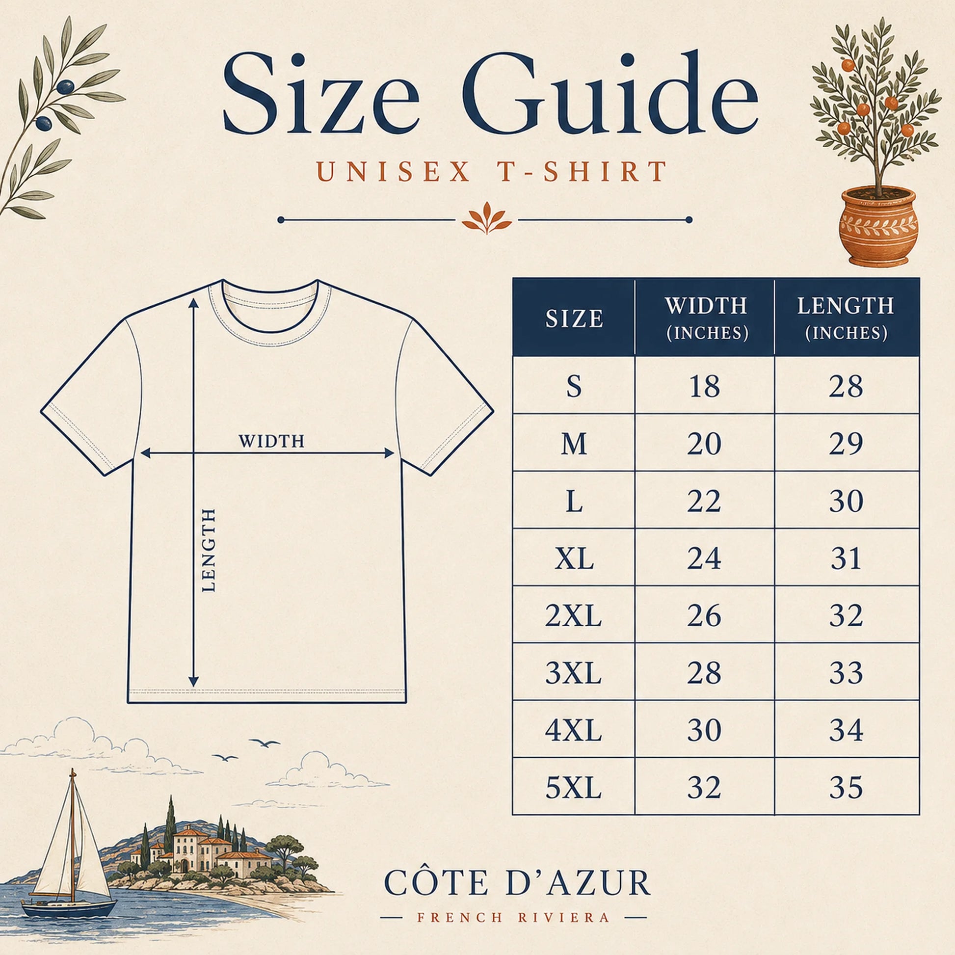 Size guide infographic for a unisex t-shirt by Côte d'Azur, showing a simple t-shirt outline with labeled width and length measurements alongside a size chart listing measurements from S to 5XL on a cream background with decorative illustrations.