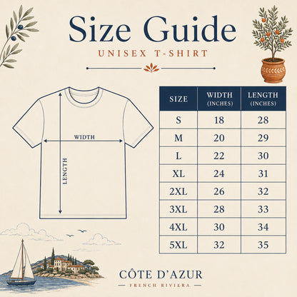 Size guide infographic for a unisex t-shirt by Côte d'Azur, showing a simple t-shirt outline with labeled width and length measurements alongside a size chart listing measurements from S to 5XL on a cream background with decorative illustrations.