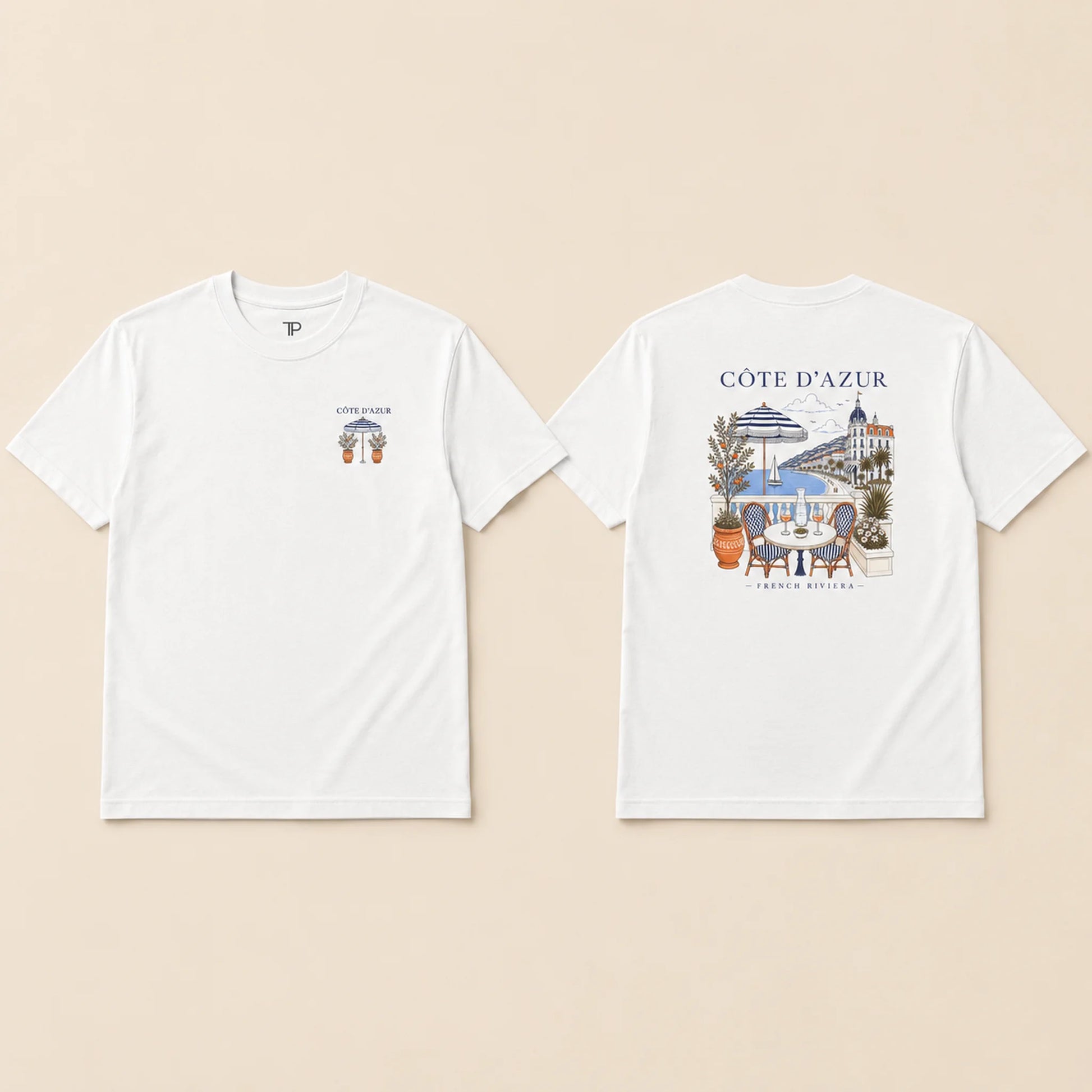 Two white short-sleeve T-shirts shown flat against a light beige background, displaying the front and back views. The front features a small graphic on the left chest with the text 'COTE D'AZUR' and a small illustration.