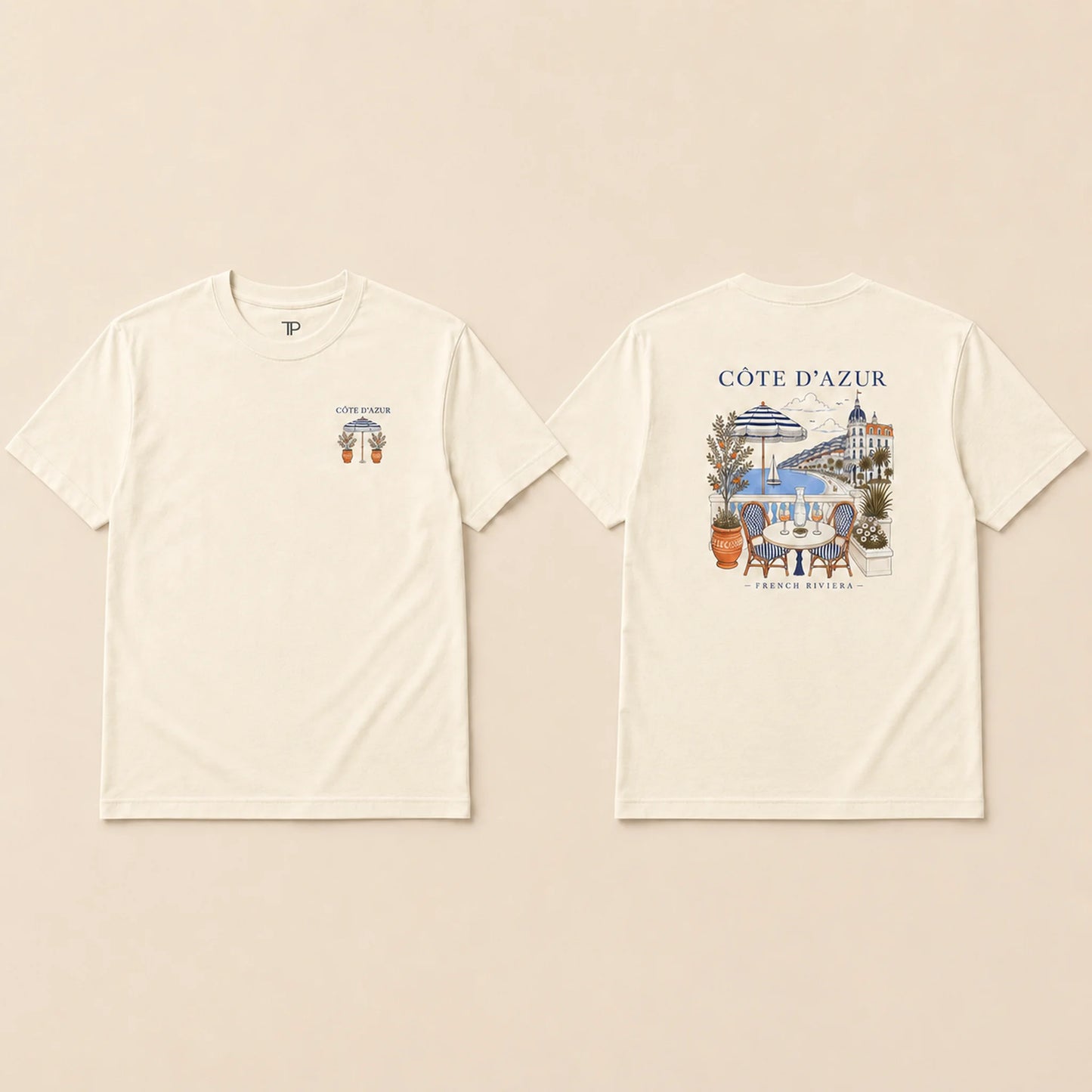 Two cream-colored short-sleeve t-shirts shown flat against a light beige background, displaying the front and back designs. The front features a small graphic on the left chest with the text 'COTE D'AZUR' and a small crest.