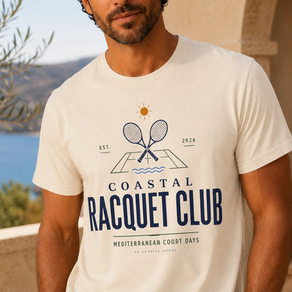 TP HERO: Man wearing a 'Coastal Racquet Club' t-shirt with a scenic background