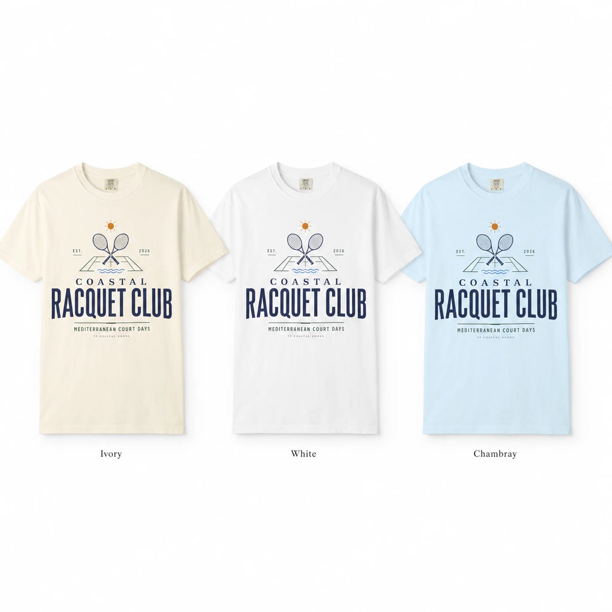 Three t-shirts in Ivory, White, and Chambray with 'Coastal Racquet Club' logo.