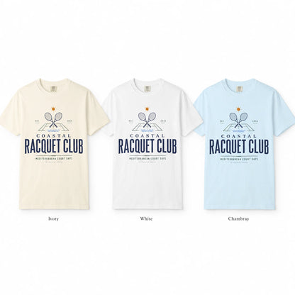 Three t-shirts in Ivory, White, and Chambray with 'Coastal Racquet Club' logo.