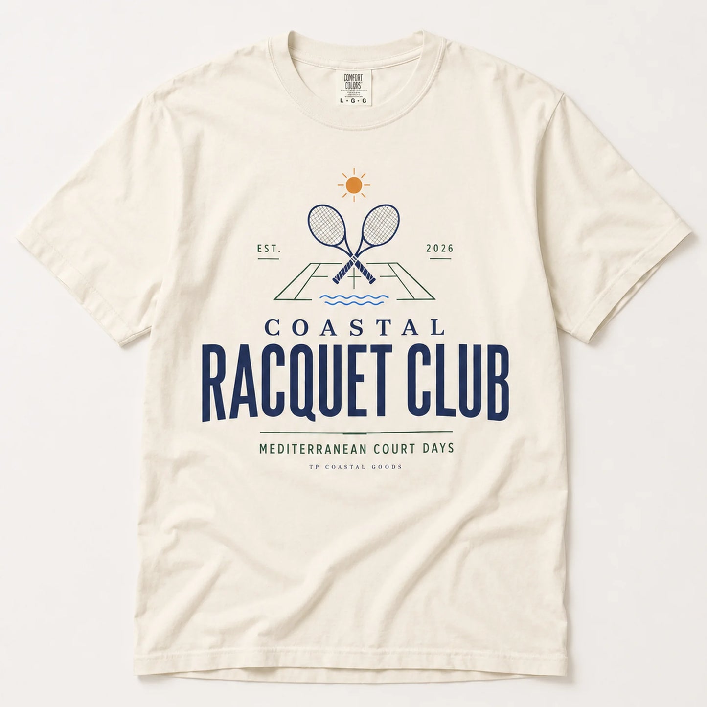 Beige t-shirt with 'Coastal Racquet Club' graphic design on a white background