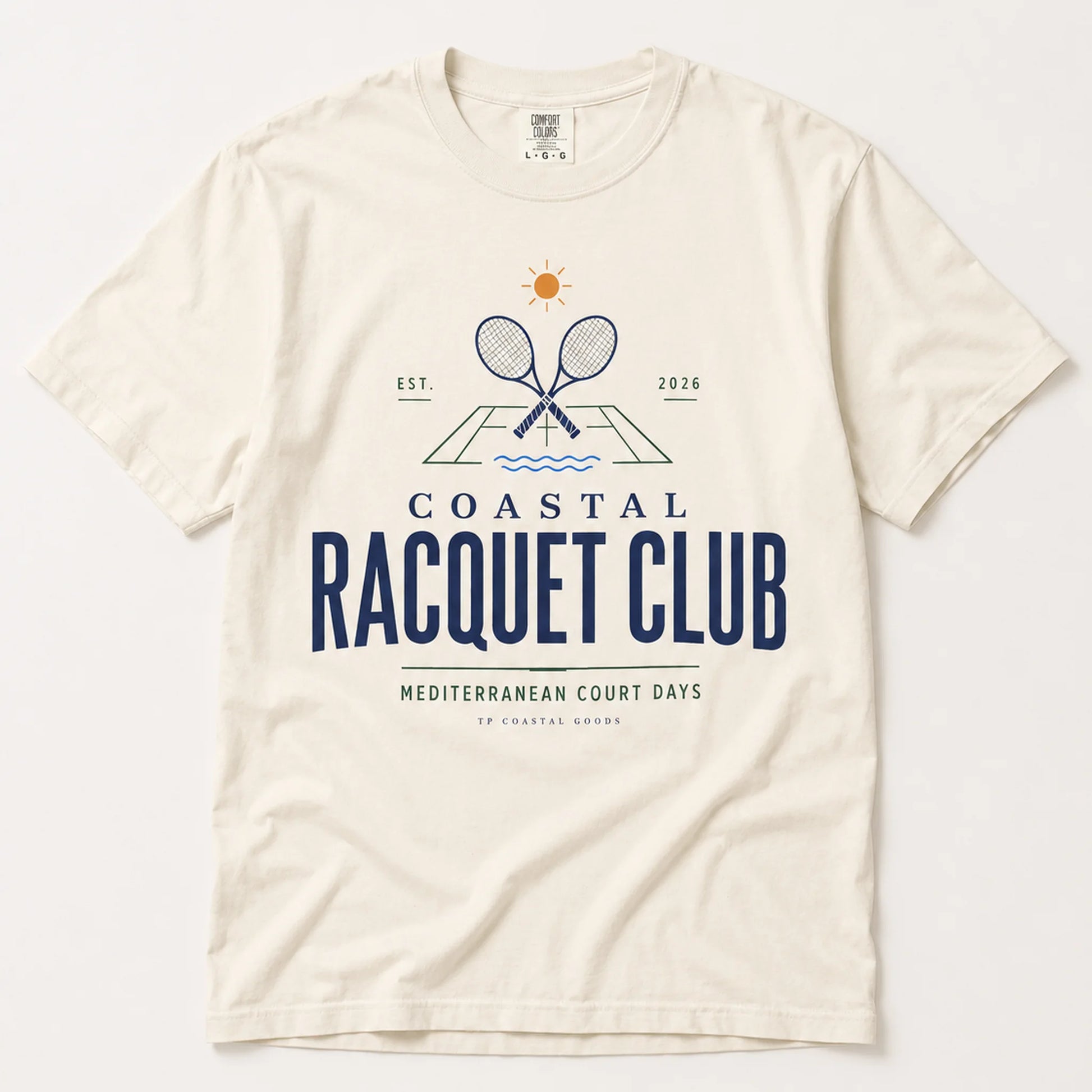 Beige t-shirt with 'Coastal Racquet Club' graphic design on a white background