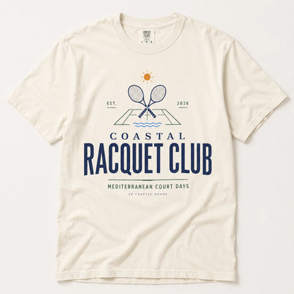 Beige t-shirt with 'Coastal Racquet Club' graphic design on a white background