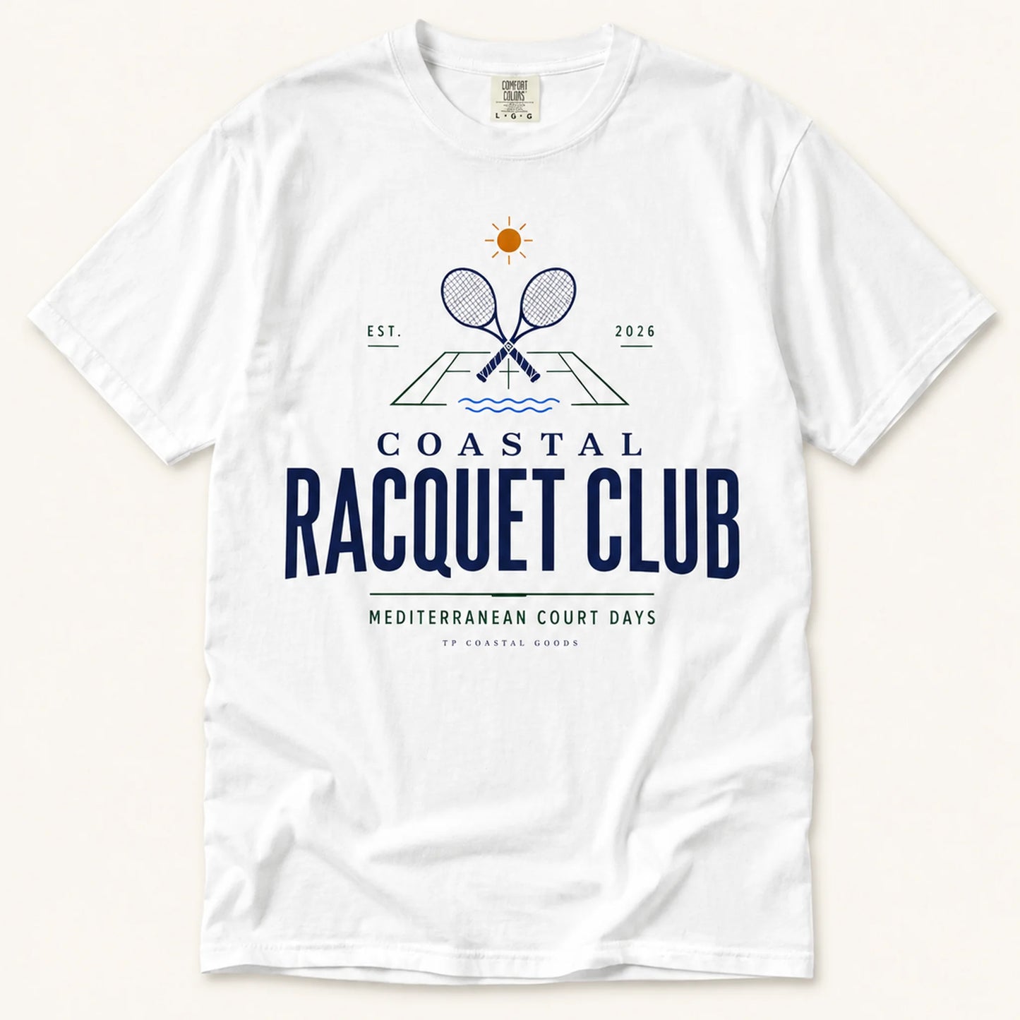 White t-shirt with 'Coastal Racquet Club' design on a white background