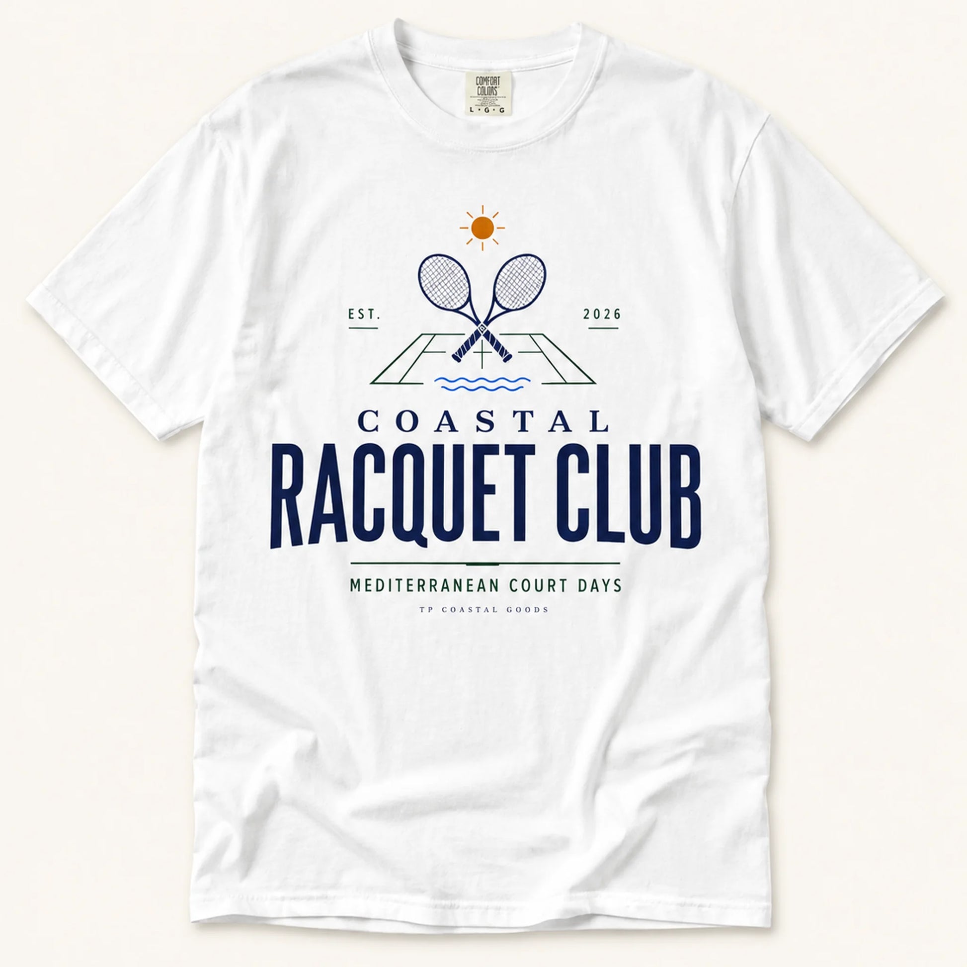White t-shirt with 'Coastal Racquet Club' design on a white background