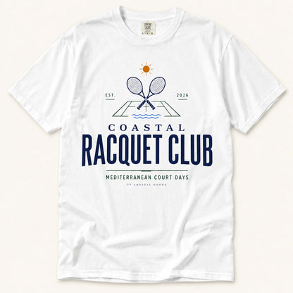 White t-shirt with 'Coastal Racquet Club' design on a white background
