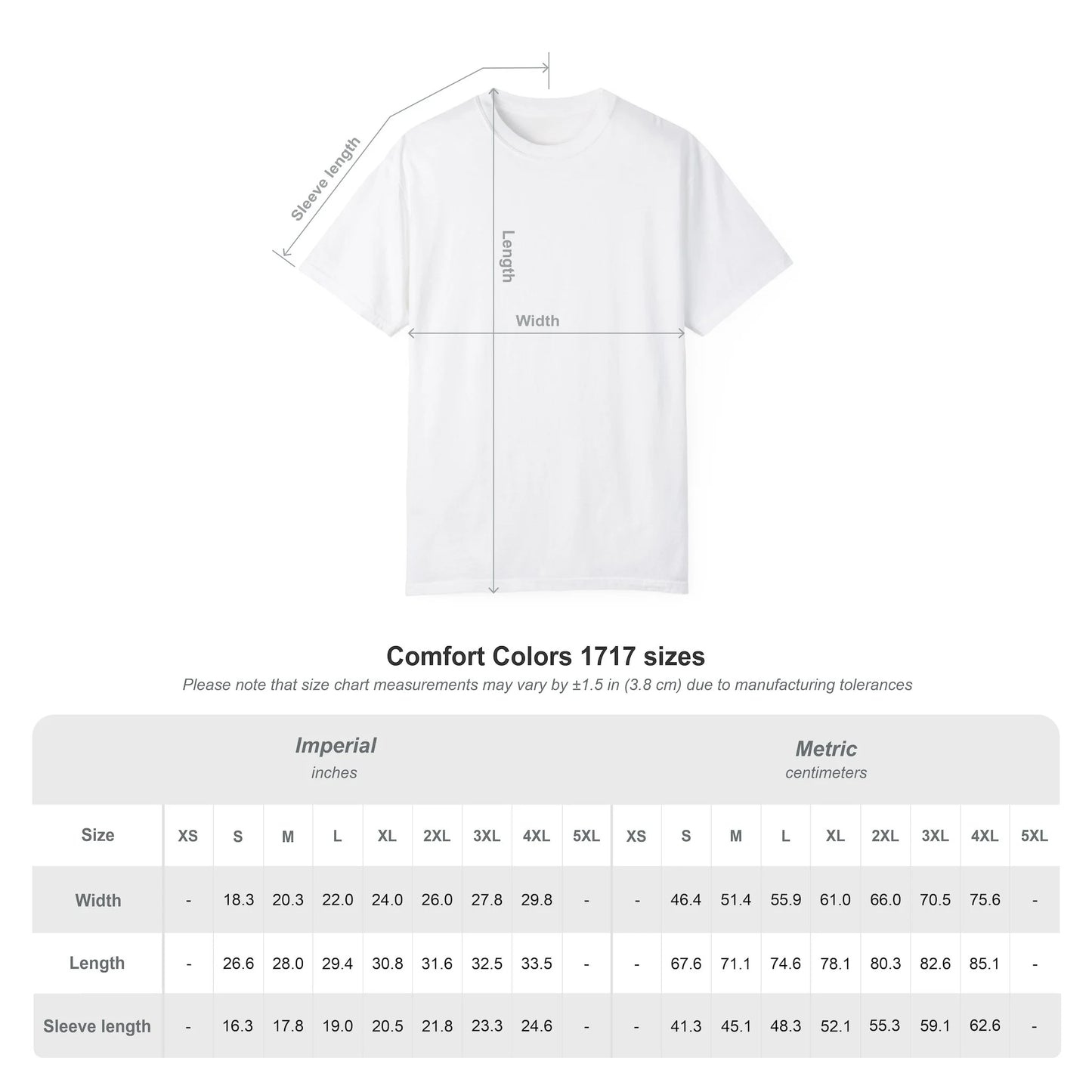 White t-shirt with measurement chart on a white background