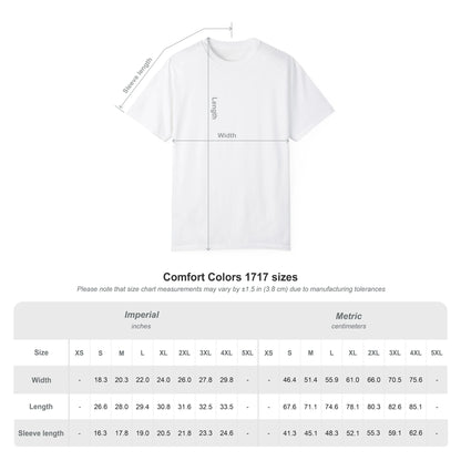 White t-shirt with measurement chart on a white background