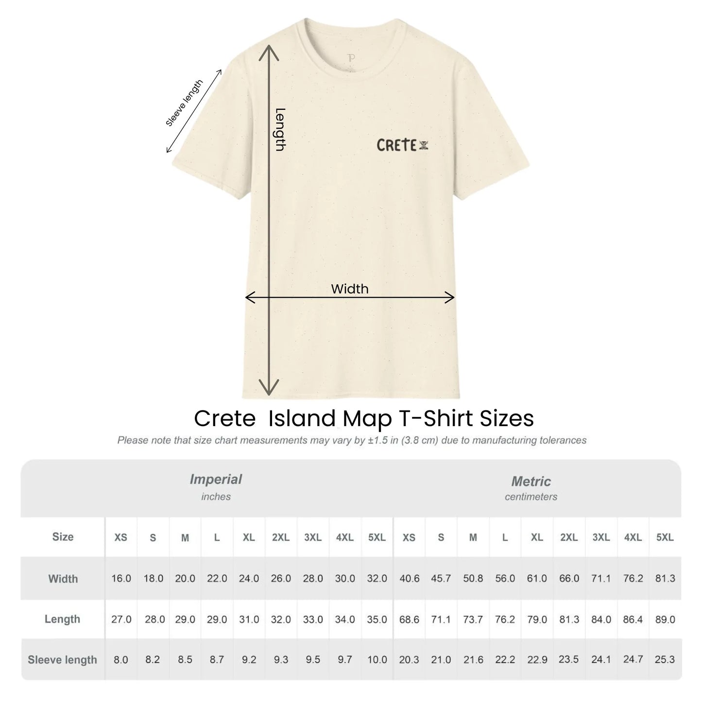 Size guide chart for Explore Crete unisex t-shirt by ToldPrint