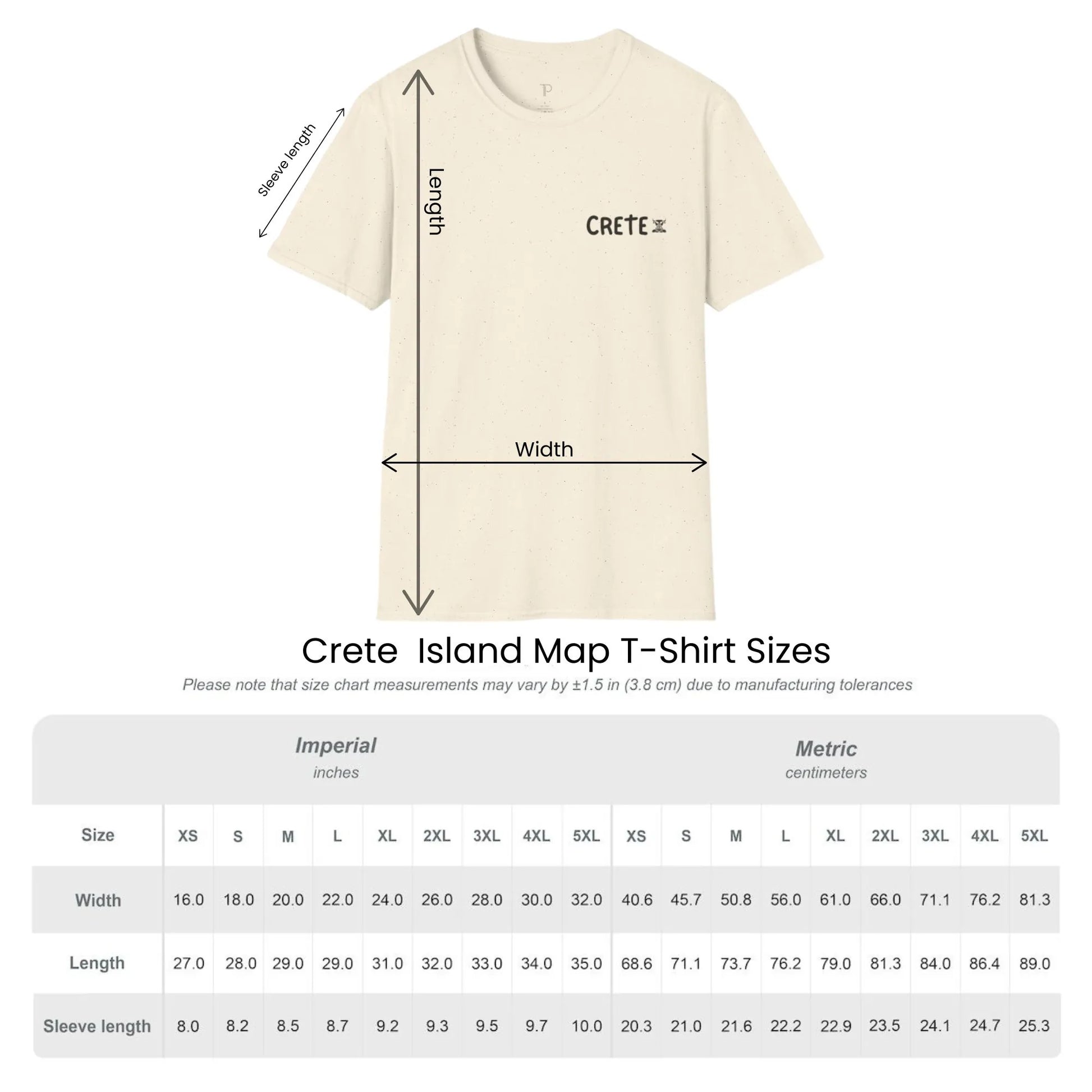 Size guide chart for Explore Crete unisex t-shirt by ToldPrint