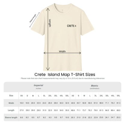 Size guide chart for Explore Crete unisex t-shirt by ToldPrint