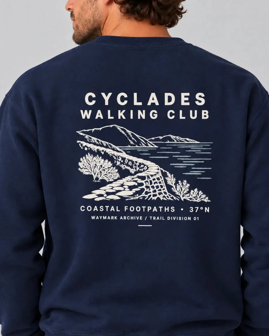 Cyclades Walking Club garment-dyed sweatshirt in True Navy with coastal Greek islands back print