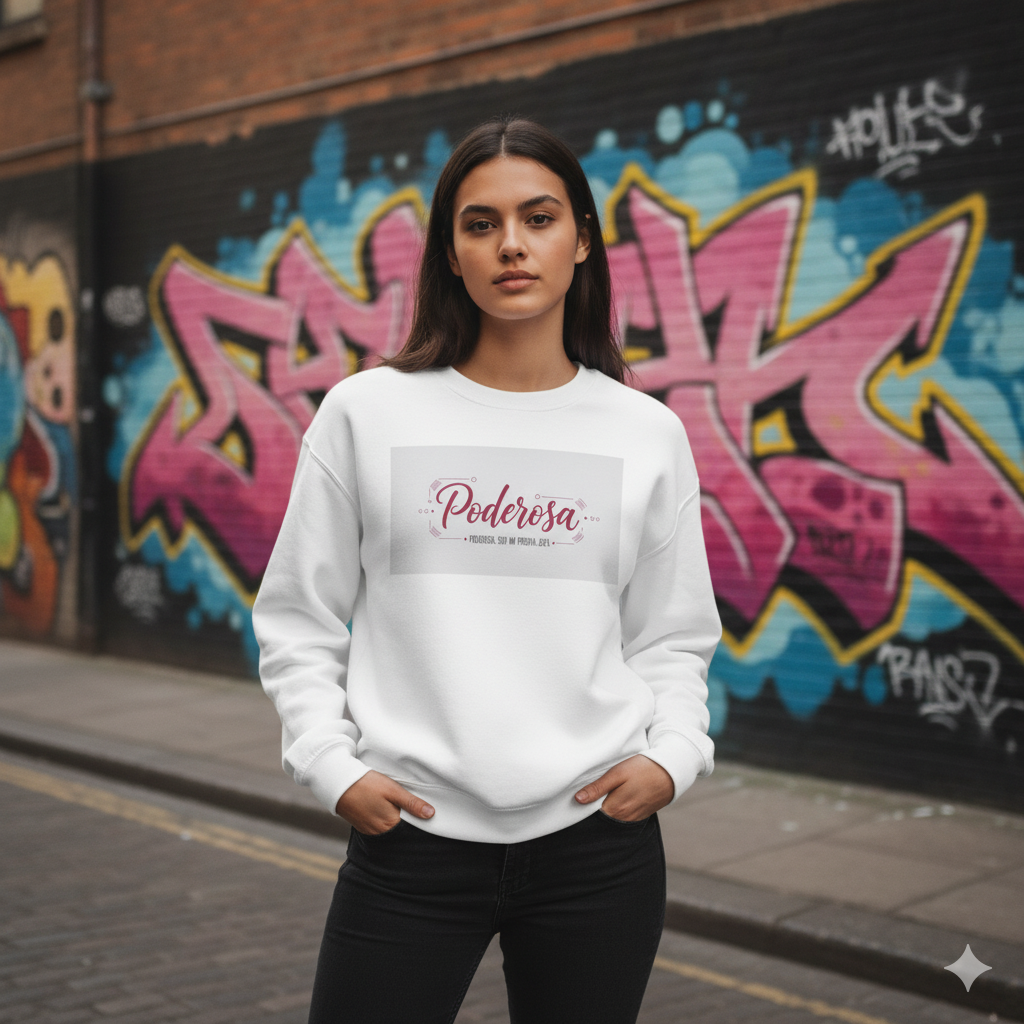 Person wearing a white sweatshirt with 'Poderosa' text in front of graffiti art.