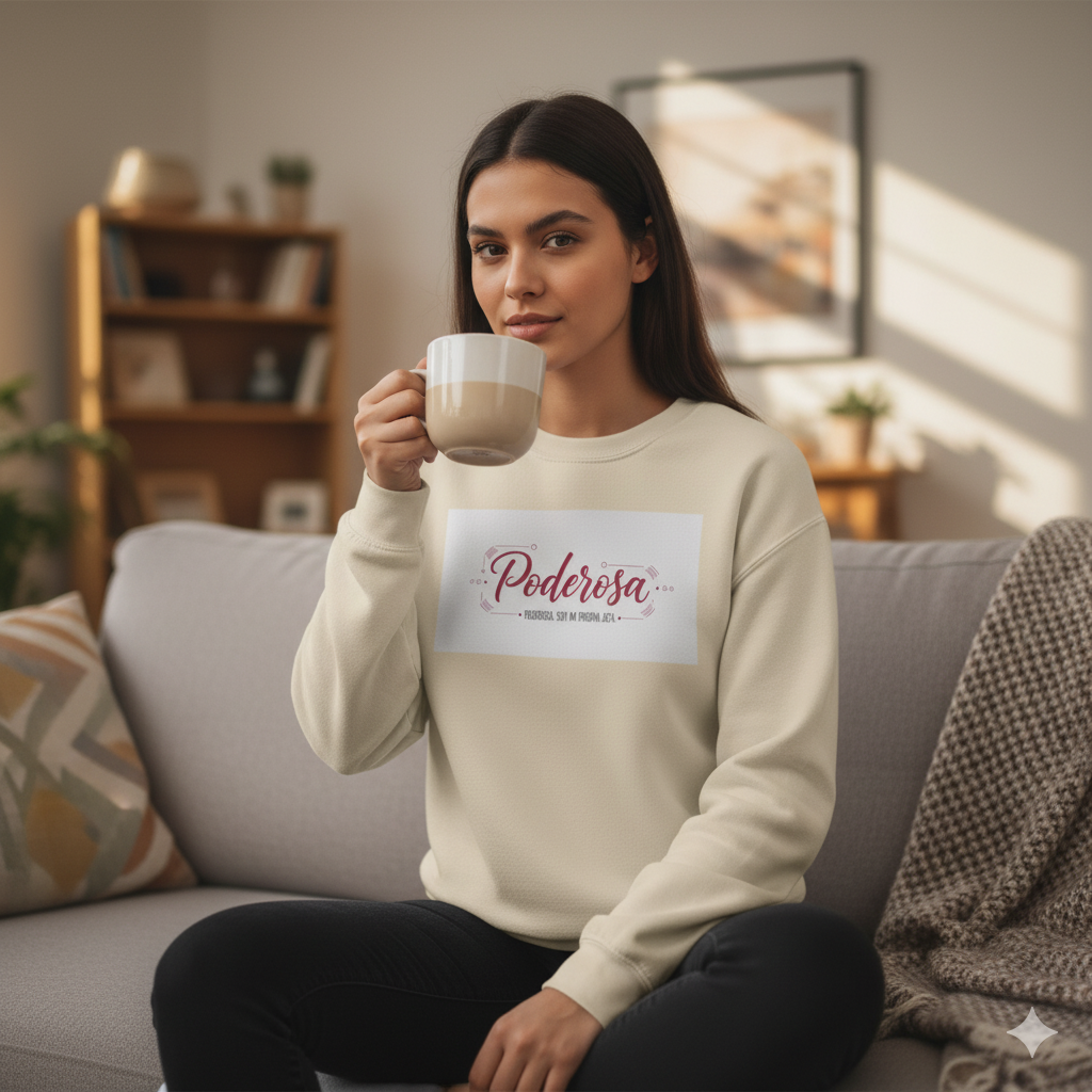 Woman sitting on a couch holding a mug with a 'Poderosa' sweatshirt.