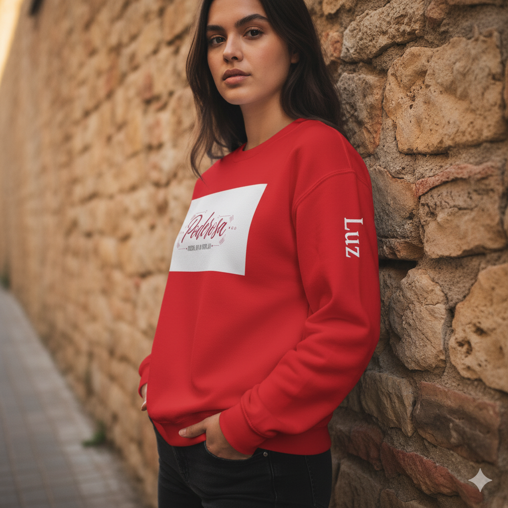 Woman wearing a red sweatshirt with a logo against a stone wall.