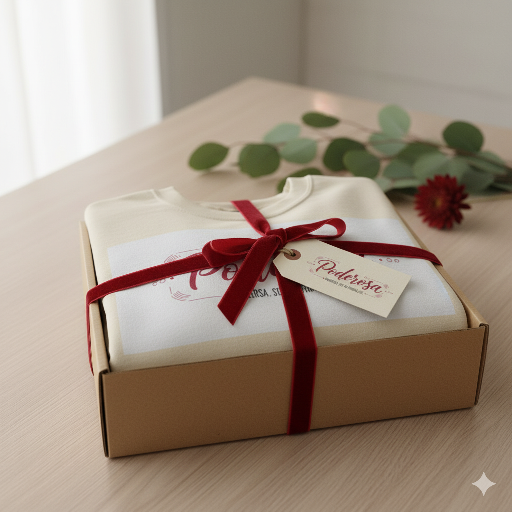 White shirt in a brown box with a red ribbon and 'Polerosa' tag on a wooden surface with greenery.