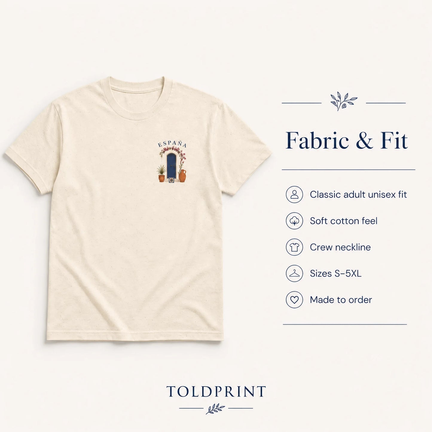 A light cream-colored T-shirt with a small graphic on the left chest featuring a blue door and the word 'ESPADA'. The image includes descriptive text on the right detailing fabric and fit characteristics, and the brand name 'TOLDPRINT' at the bottom.