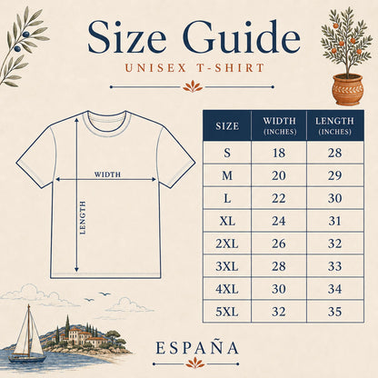 A size guide infographic for a unisex t-shirt, showing a simple t-shirt outline with labeled width and length measurements alongside a size chart listing S through 5XL widths and lengths in inches. The design has a cream background with navy text and decorative botanical and coastal illustrations.