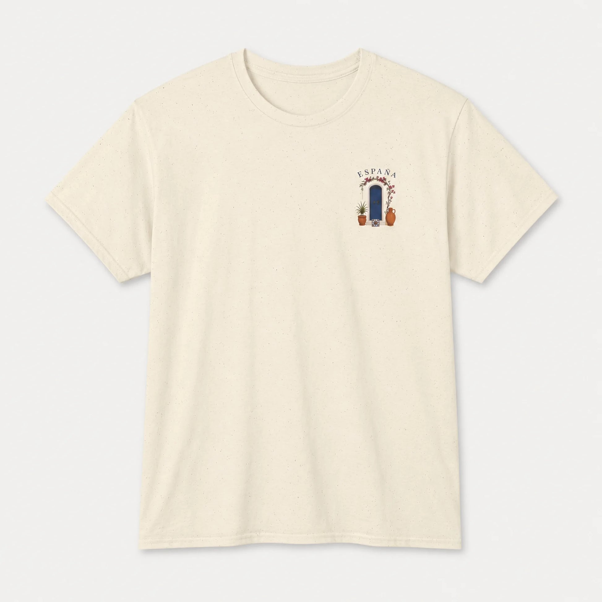 An off-white crewneck t-shirt with a small graphic on the left chest depicting a blue door, potted plants, and the text 'SUNNY DAY'.