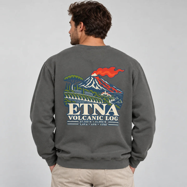 Etna Volcanic Log Pepper garment-dyed sweatshirt shown from the back with Mount Etna artwork.
