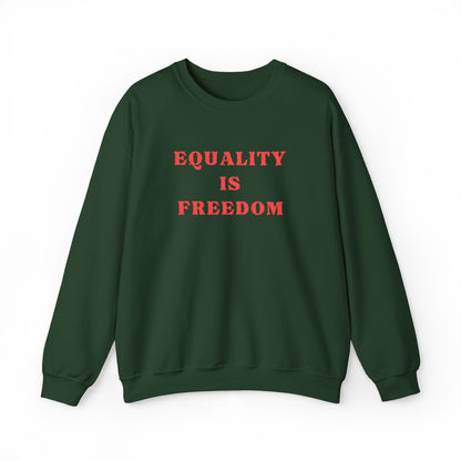 Green sweatshirt with 'EQUALITY IS FREEDOM' text in red on a white background