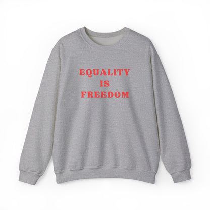 Gray sweatshirt with 'EQUALITY IS FREEDOM' text in red on a white background