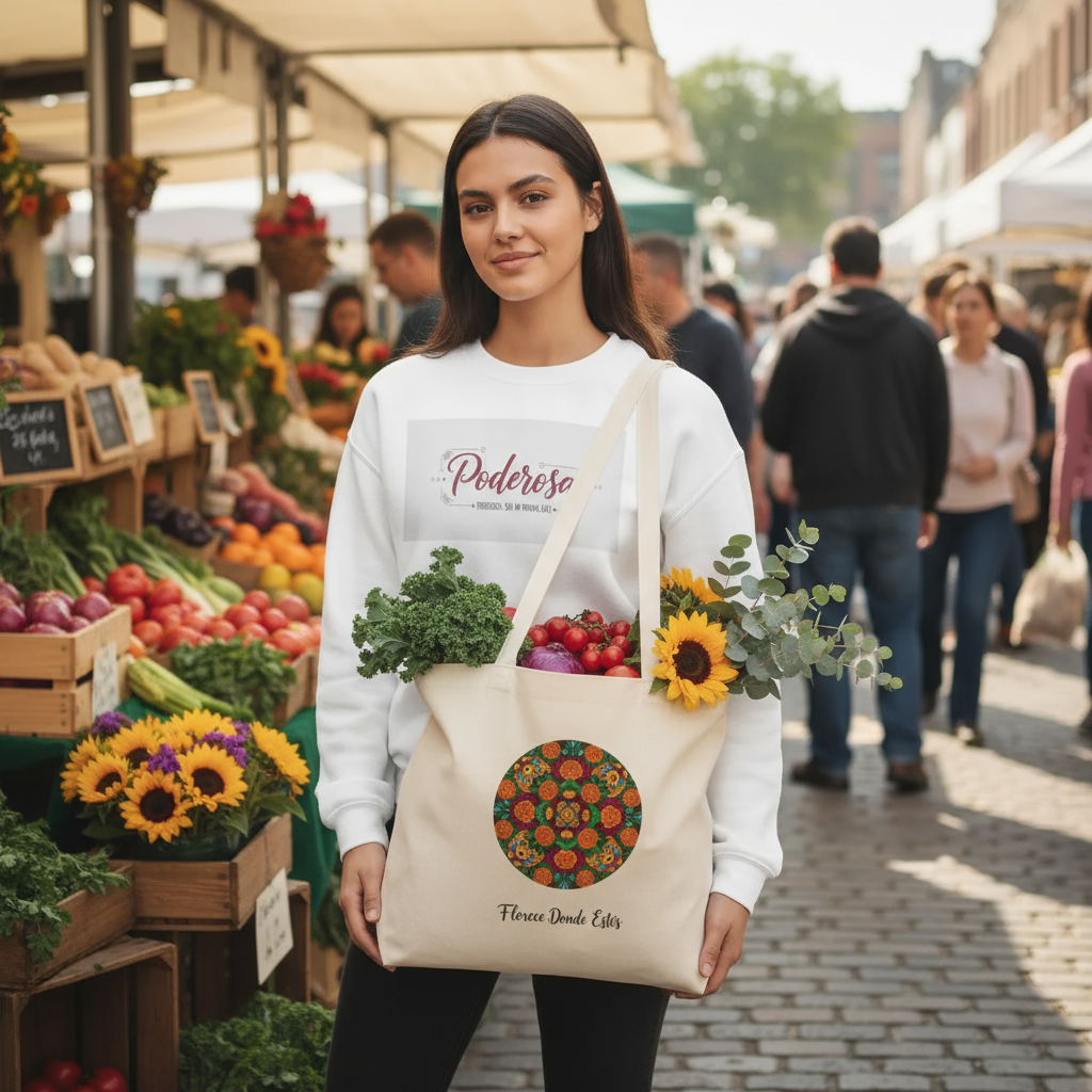 Woman holding a tote bag with floral design at an outdoor market