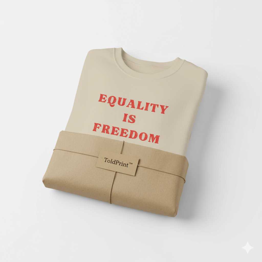 Folded beige sweatshirt with 'EQUALITY IS FREEDOM' text in red on a white background