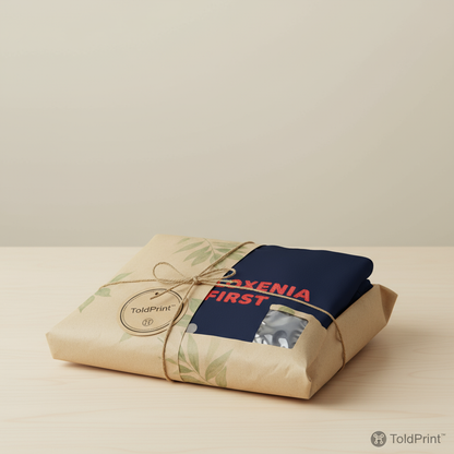 Package wrapped in brown paper with a blue item labeled 'Venia First' on a beige background