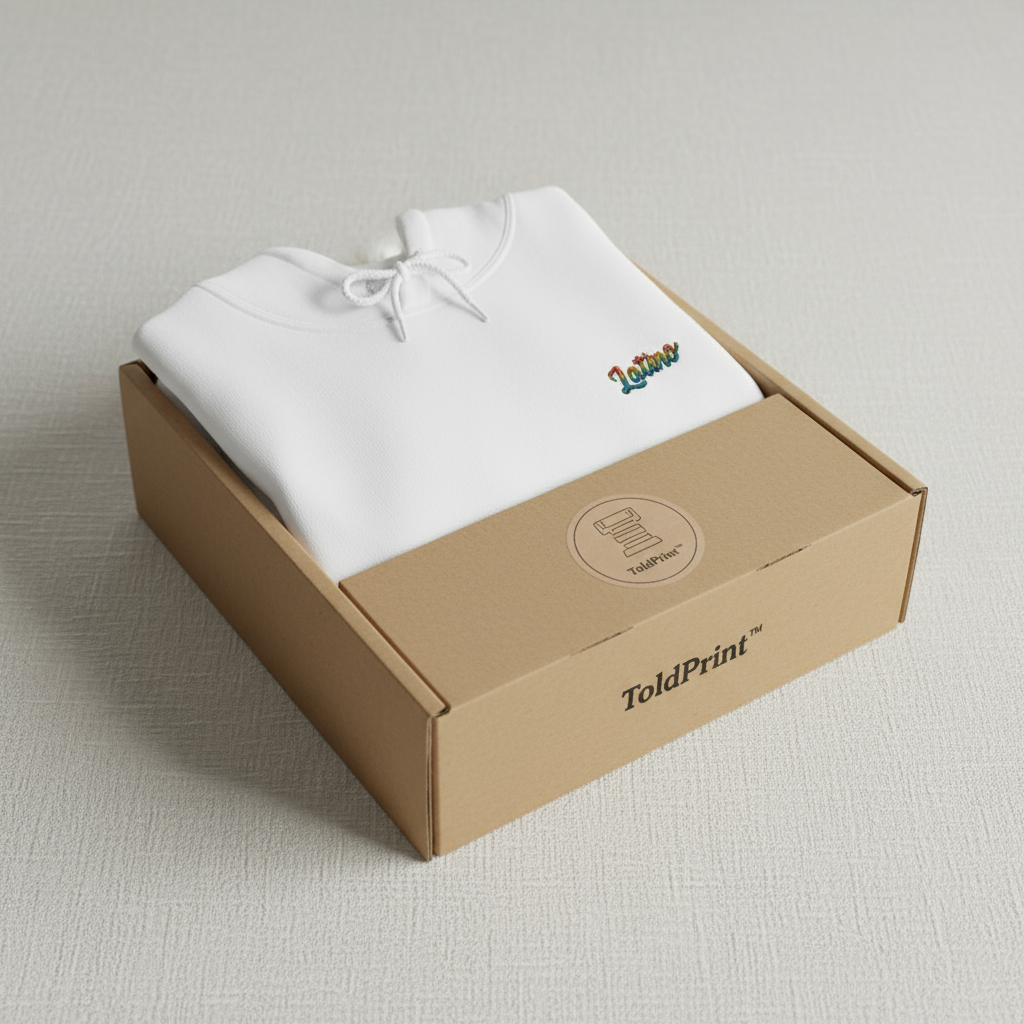 White hoodie with colorful logo in a cardboard box on a light gray background