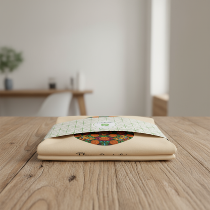 Folded fabric with a colorful pattern on a wooden table