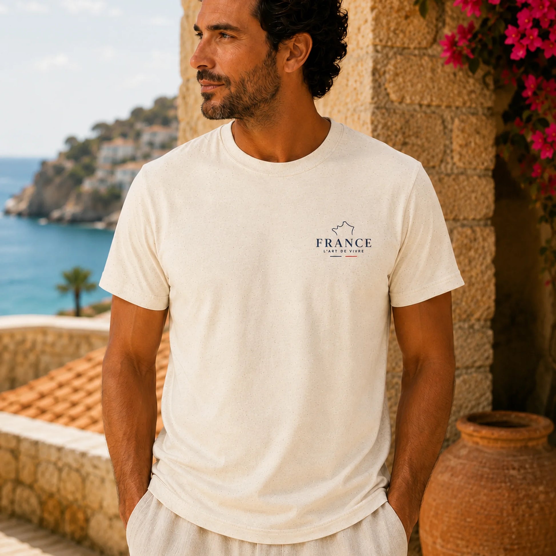 A man wearing a cream-colored short-sleeve t-shirt with a small 'FRANCE Travel World' logo on the left chest, set against a scenic Mediterranean background with a stone wall, blue sea, and pink flowers.