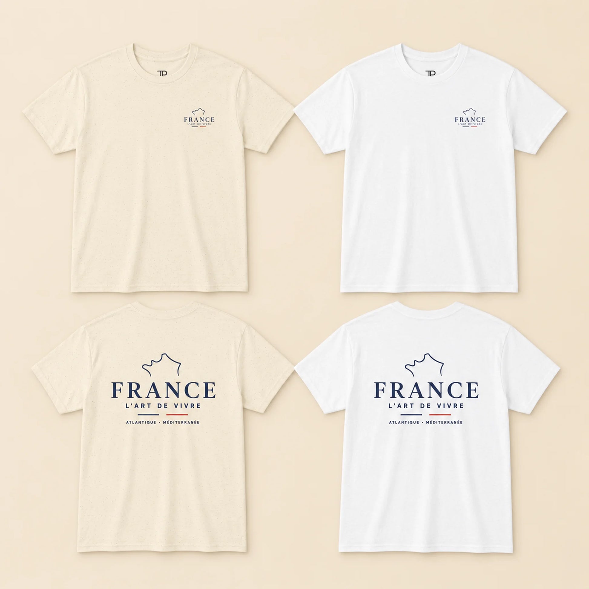 Four short-sleeve T-shirts arranged in a 2x2 grid on a light beige background, showing both front and back views. Two shirts are cream and two are white, each with a small 'FRANCE' chest print on the front and a larger 'FRANCE L'ART DE VIVER' graphic on the back.