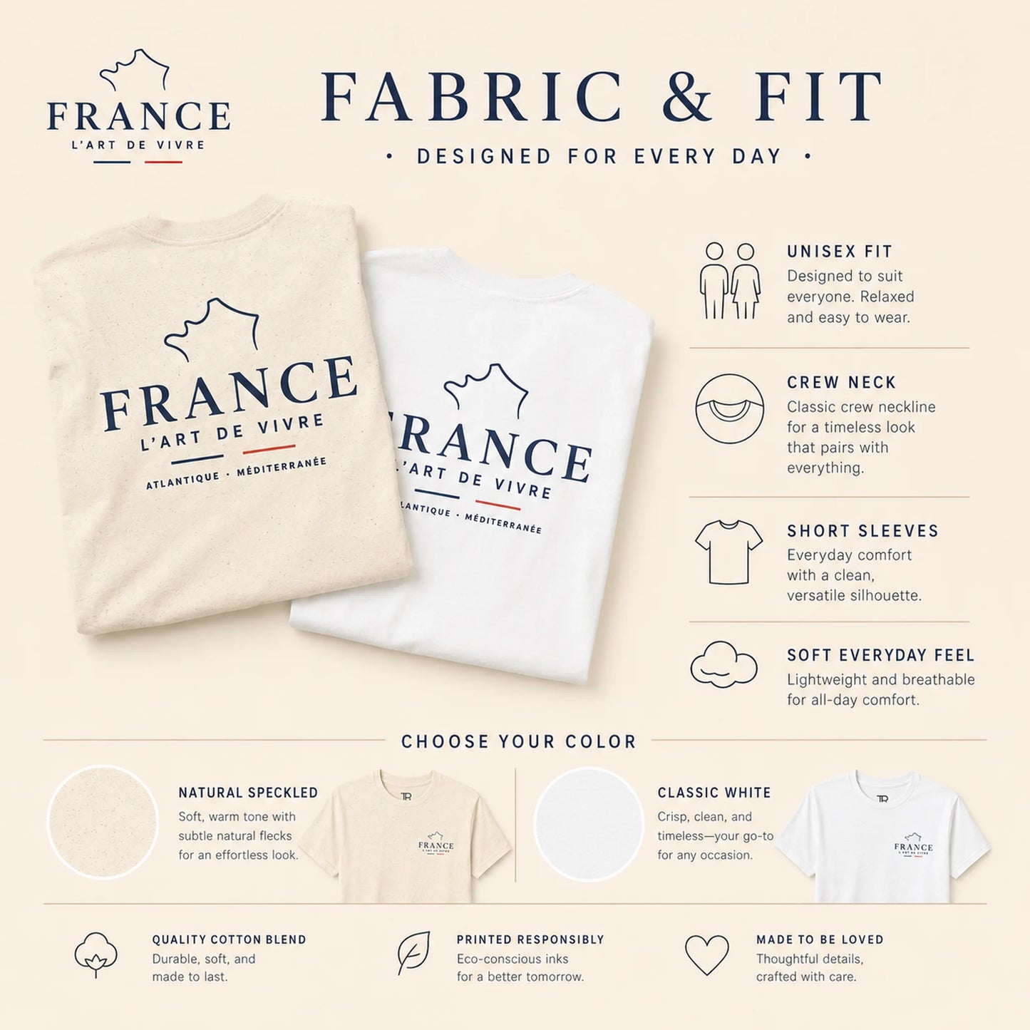 A product information graphic for the brand France L'Art de Vivre, showing two white crewneck t-shirts with navy blue printed logos, accompanied by text detailing the fabric fit, unisex fit, crew neck, short sleeves, and color options.
