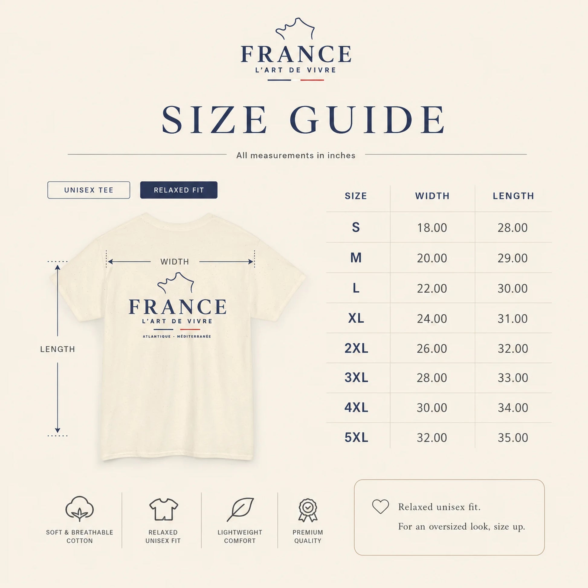 A size guide infographic for the 'France L'Art de Vivre' t-shirt, showing a size table from S to 5XL with width and length measurements in inches, alongside a mockup of the t-shirt with dimension arrows indicating width and length.