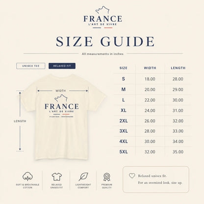 A size guide infographic for the 'France L'Art de Vivre' t-shirt, showing a size table from S to 5XL with width and length measurements in inches, alongside a mockup of the t-shirt with dimension arrows indicating width and length.