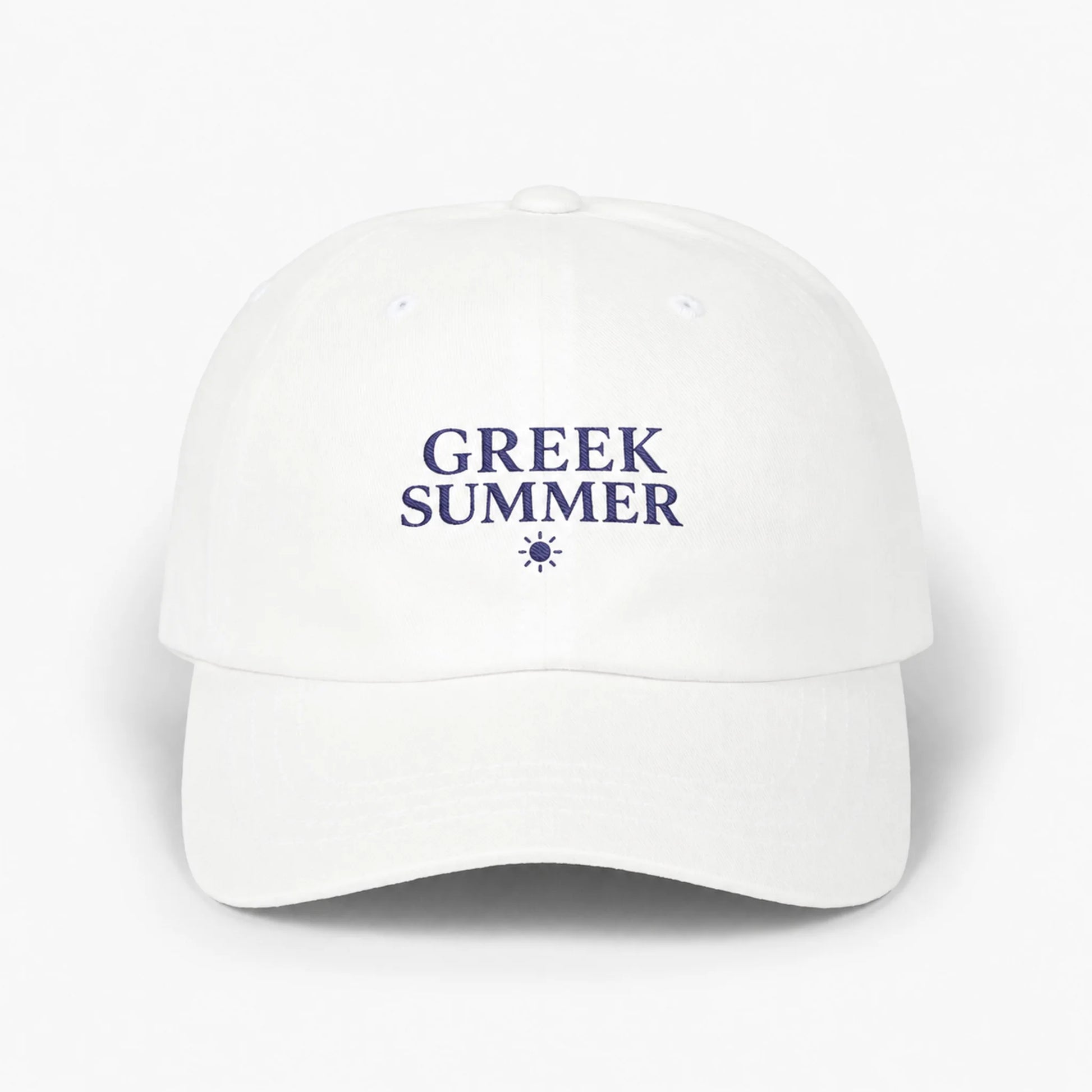 A white baseball cap with 'GREEK SUMMER' embroidered in navy blue text and a small sun icon on the front, set against a plain white background.