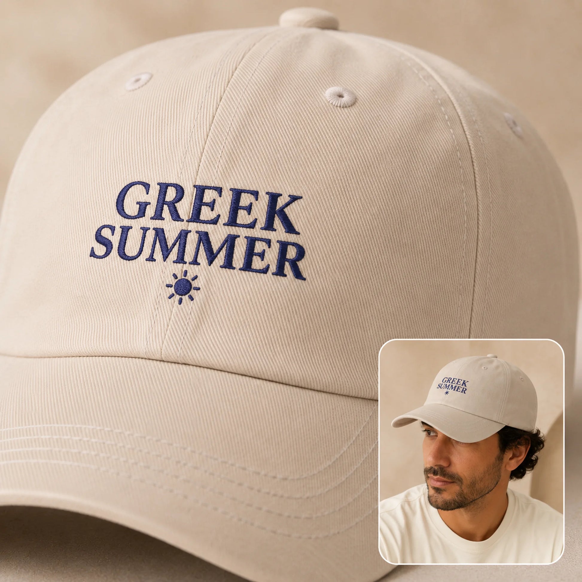 A stone baseball cap with navy blue embroidered text reading 'GREEK SUMMER' and a small sun icon on the front. A small inset shows a man wearing the cap, which helps demonstrate scale and wear.