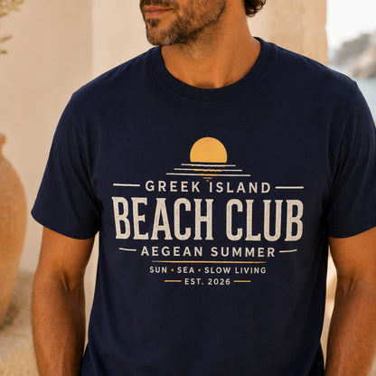 TP HERO: Person wearing a navy blue t-shirt with 'Greek Island Beach Club' text and design.