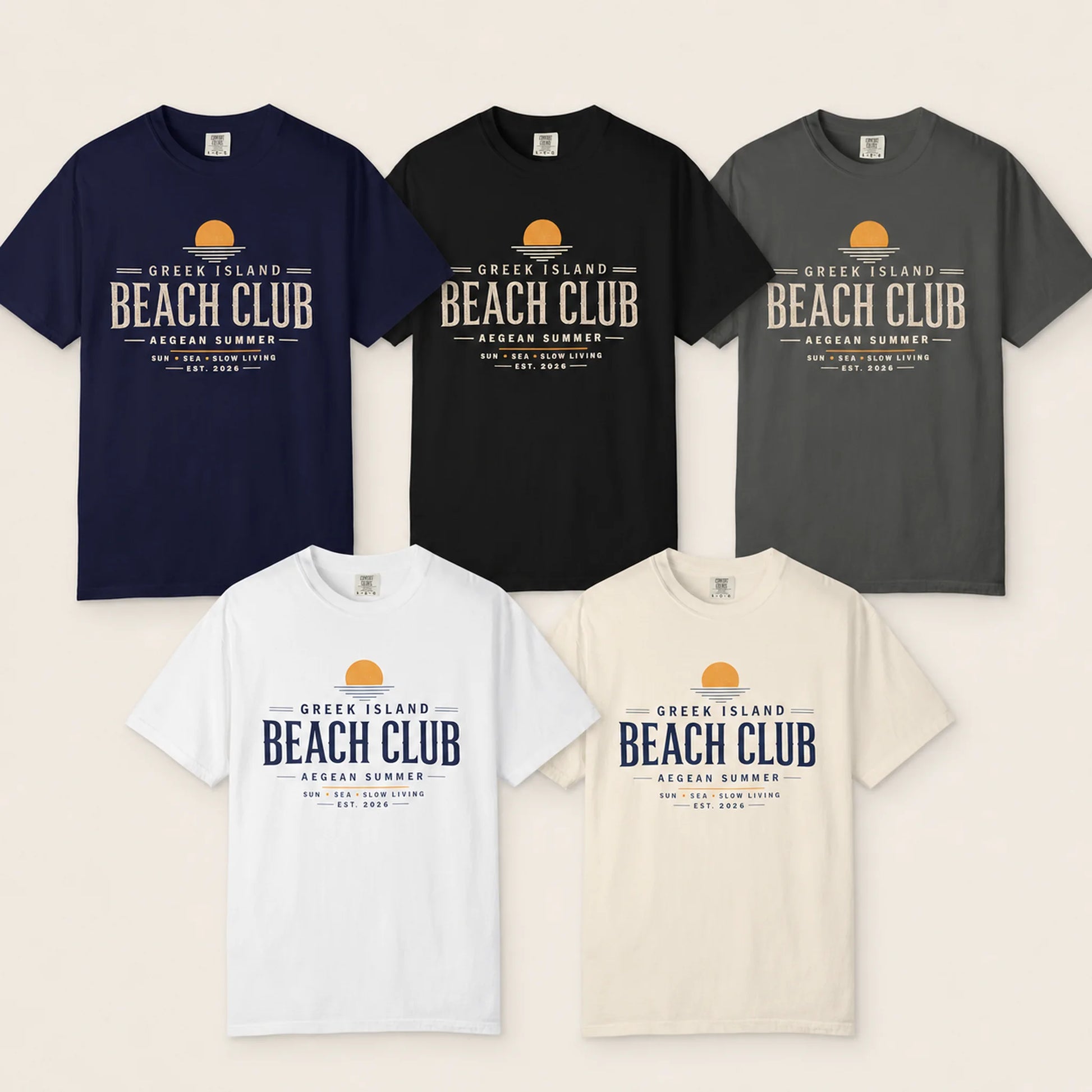 Five t-shirts with 'Greek Island Beach Club' text design on a beige background