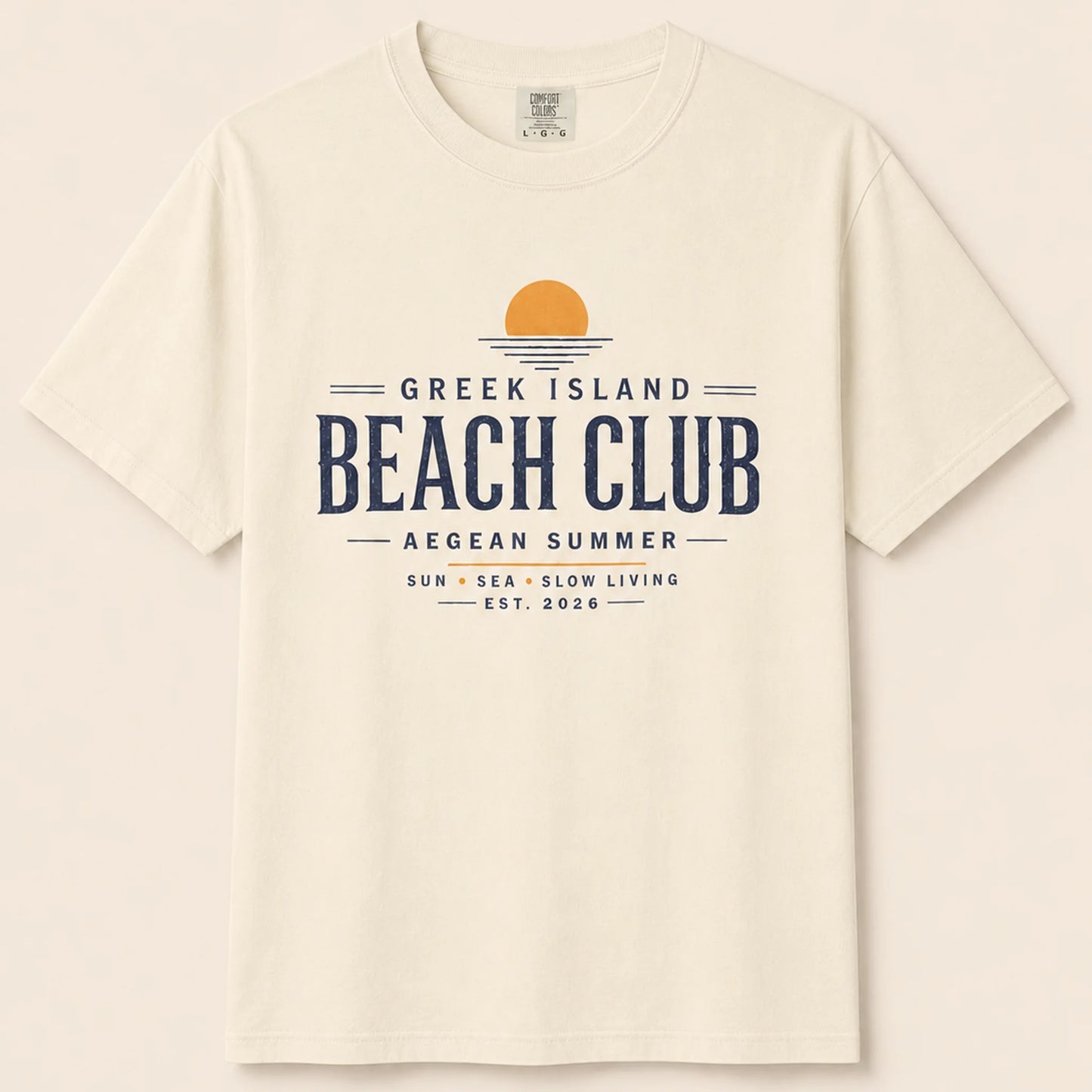 Beige t-shirt with 'Greek Island Beach Club' text design on a beige background