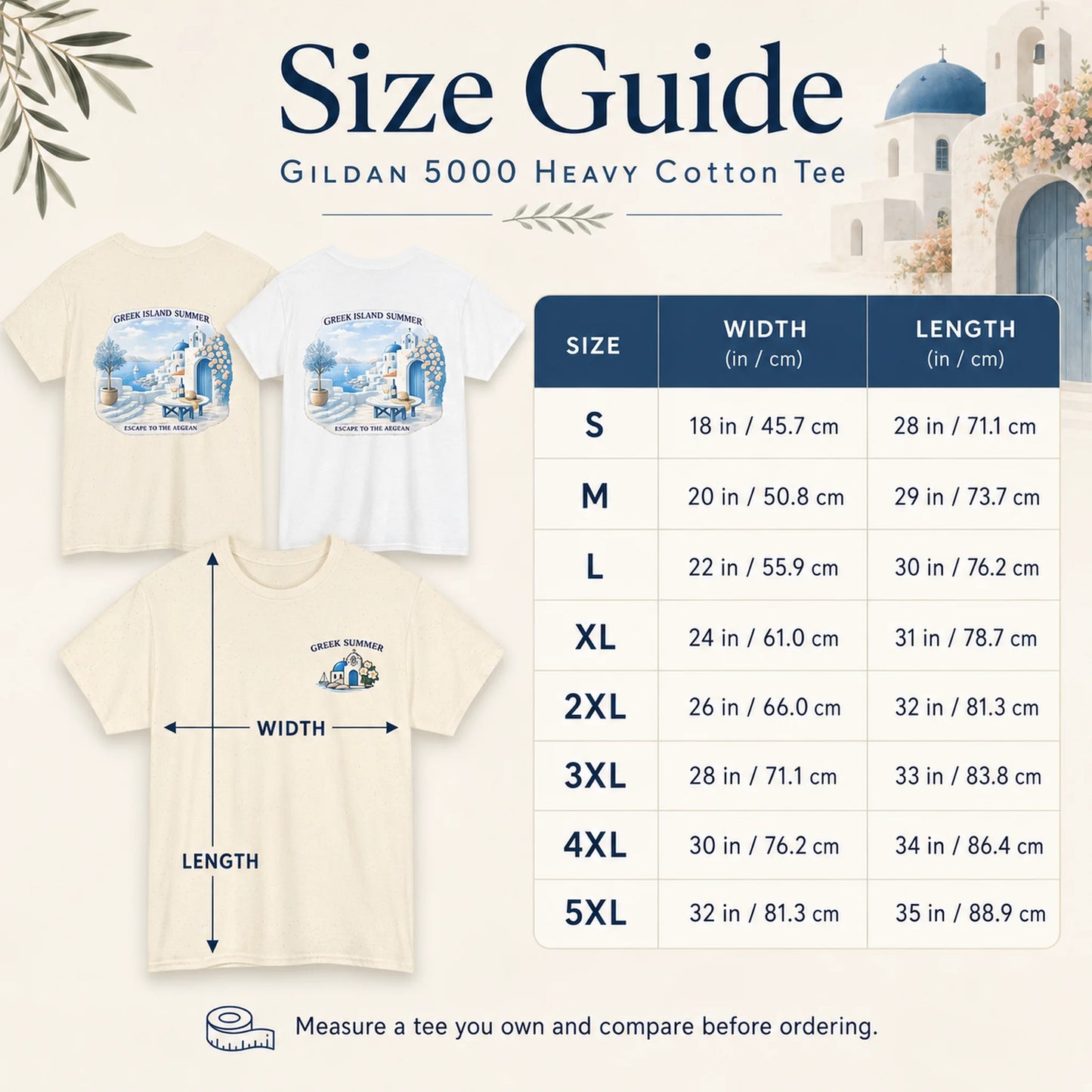 Size guide for a Gildan 5000 heavy cotton tee, showing three color options (white, light beige, and cream) with printed graphics, a dimension diagram of a t-shirt, and a size measurement table from S to 5XL.