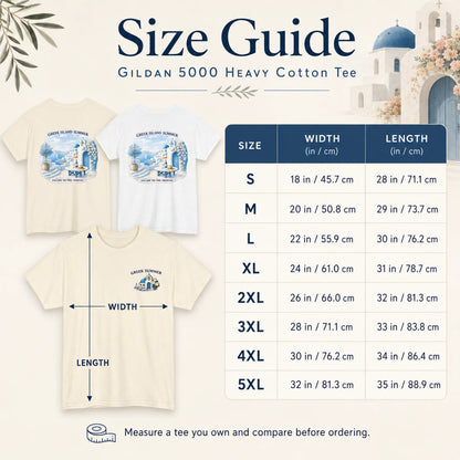 Size guide for a Gildan 5000 heavy cotton tee, showing three color options (white, light beige, and cream) with printed graphics, a dimension diagram of a t-shirt, and a size measurement table from S to 5XL.
