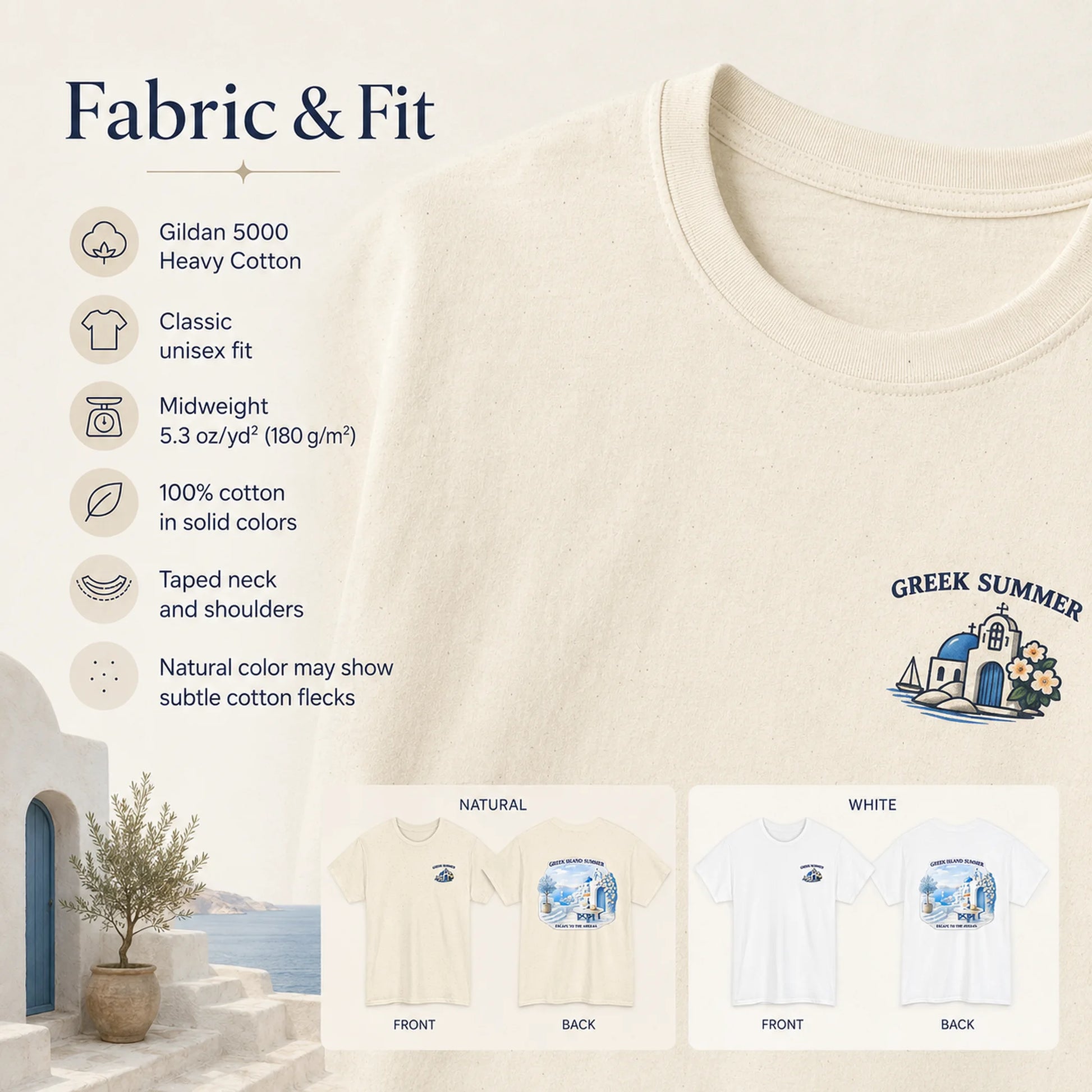 An informational product graphic for a cream-colored cotton t-shirt. The left side features a list of fabric and fit specifications (Gildan 5000 Heavy Cotton, Classic unisex fit, etc.