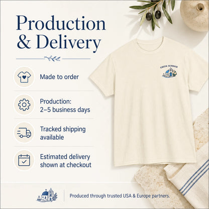 An off-white short-sleeve t-shirt with a blue and white graphic on the left chest reading 'GREEK ISLAND' is displayed on a styled flat-lay background alongside text detailing production and delivery information.