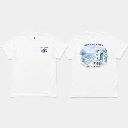 White short-sleeve T-shirt shown from the front and back on a light gray background. The front has a small blue and gray chest graphic reading 'Greek Island Rubber'.